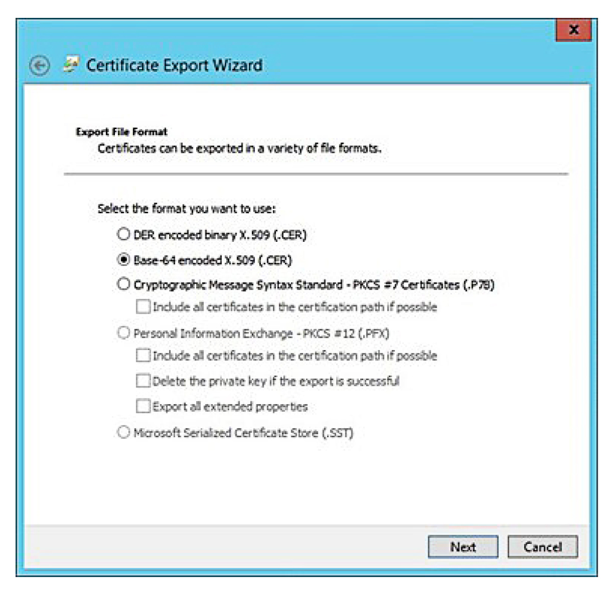 A screenshot showing the Certificate Export Wizard window.