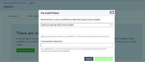 A screenshot showing how to pre-enroll a printer using the Native Agent when the Native Agent page is empty.