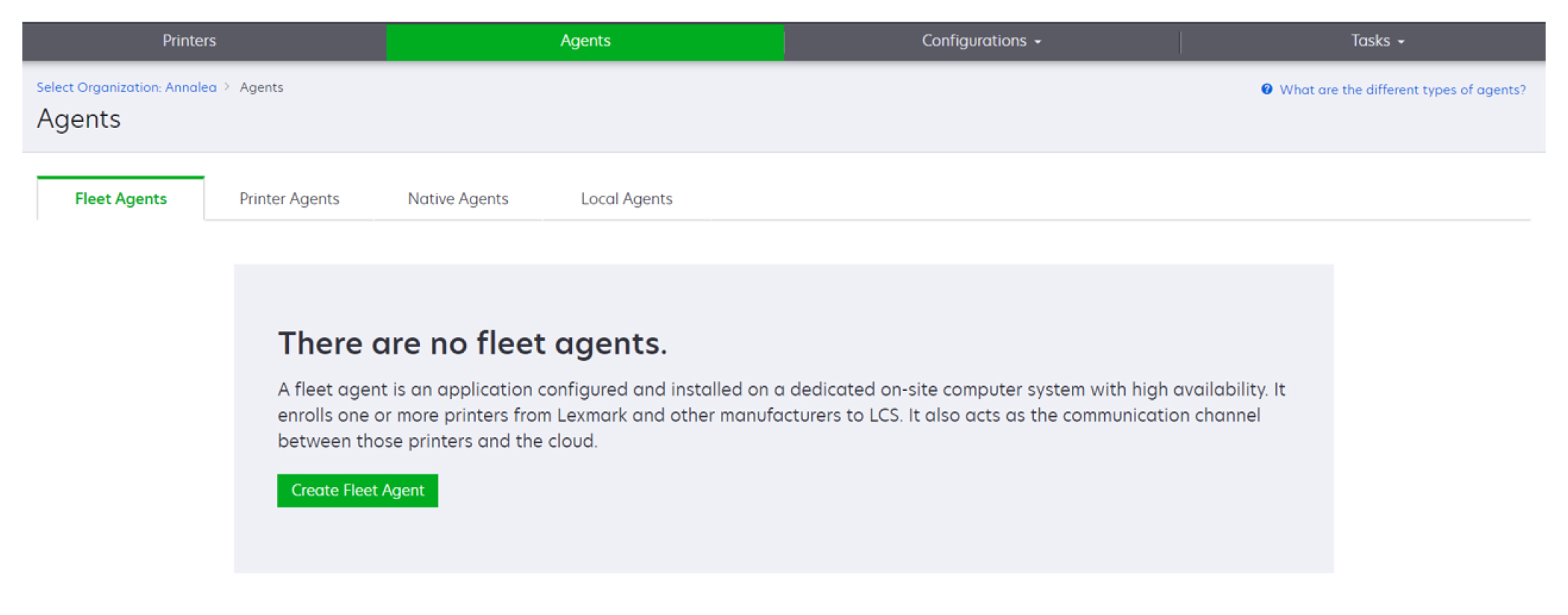 A screenshot showing how to create a fleet agent using the Agents tab of the Fleet Management web portal