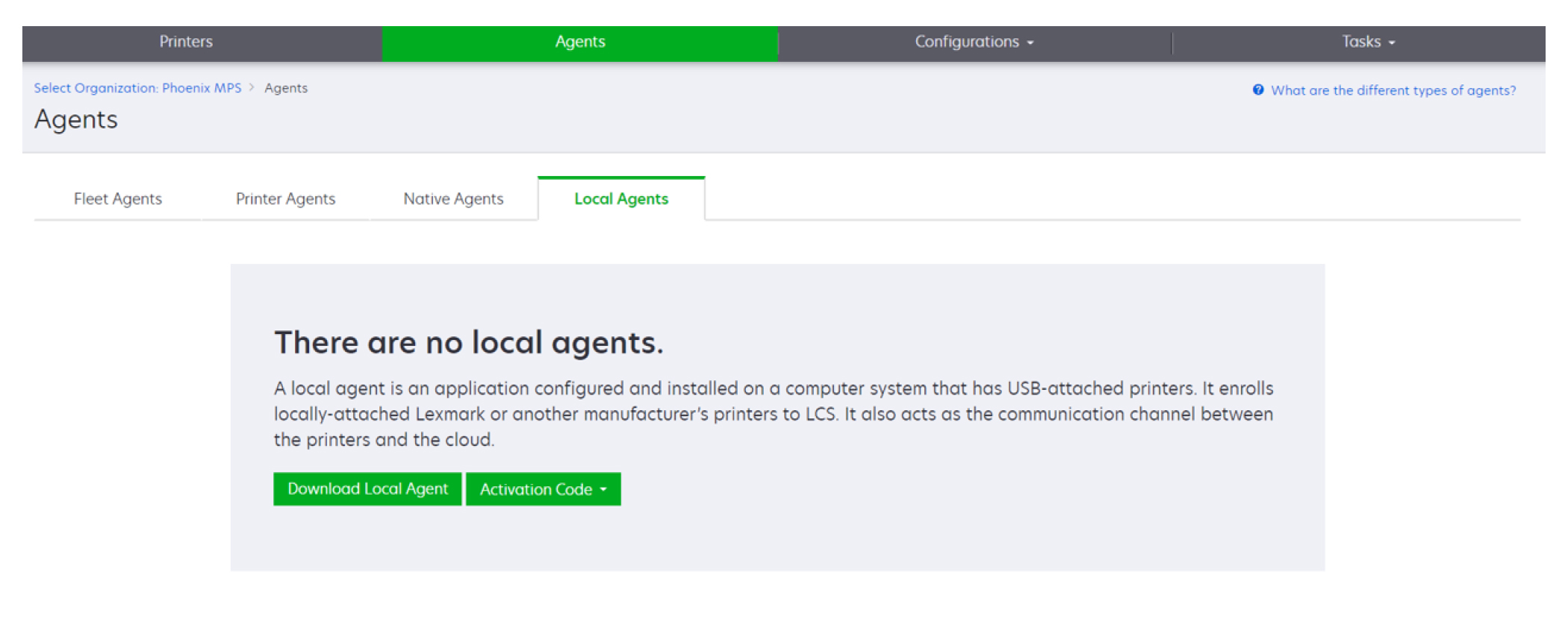 A screenshot showing the Download Agent option when no local agent is registered.