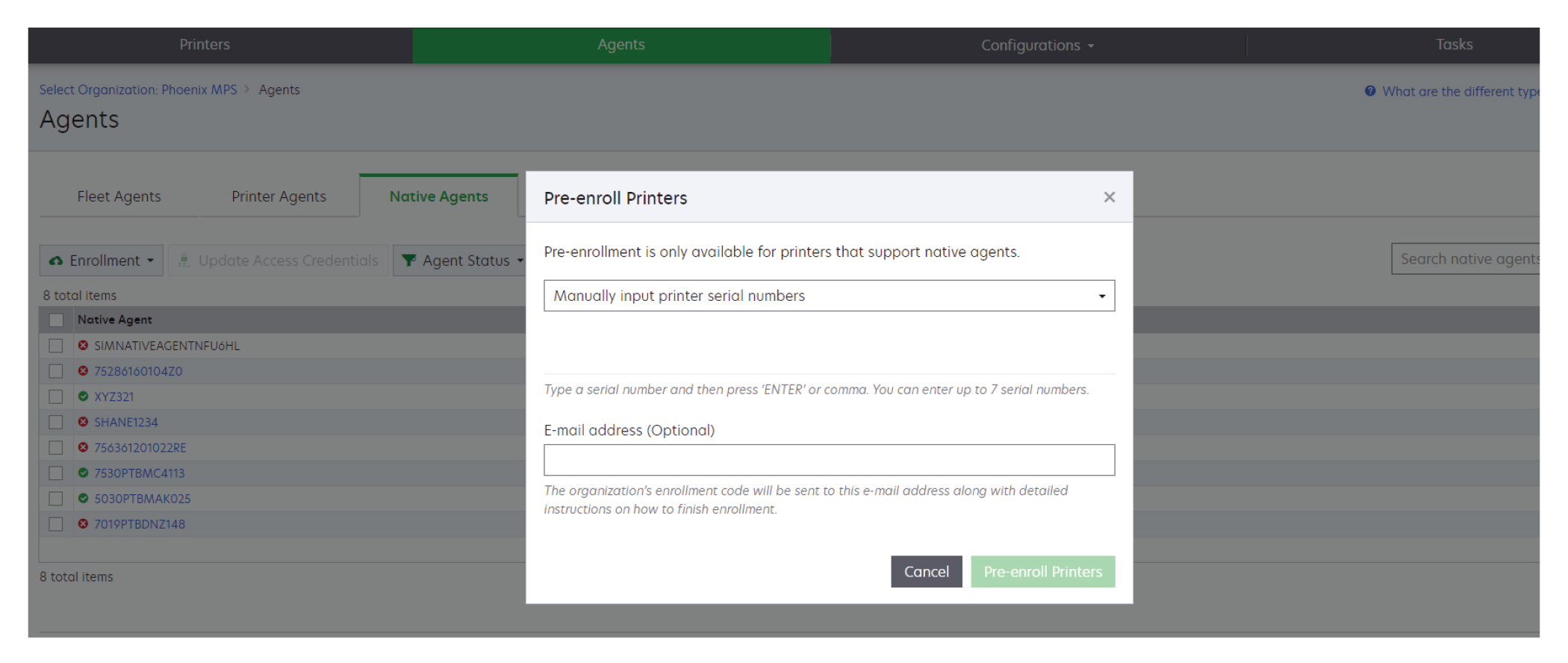 A screenshot showing how to pre-enroll a printer using the Native Agent.
