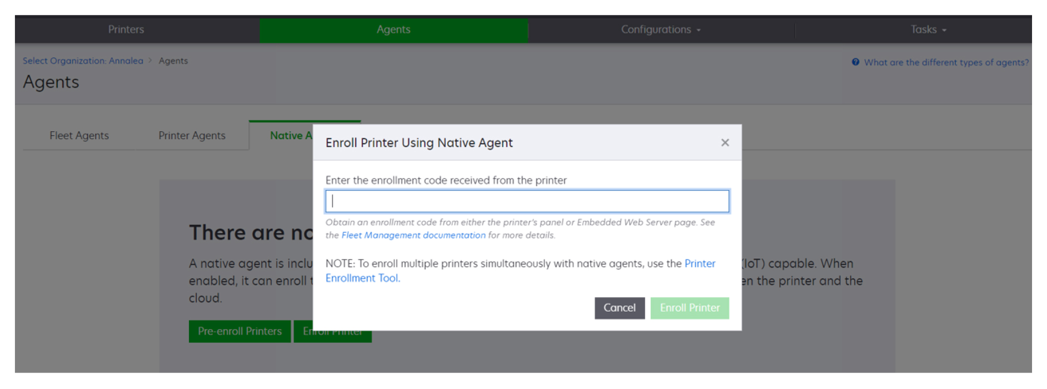 A screenshot showing how to enroll printers using Native Agent when the printer listing page is empty.
