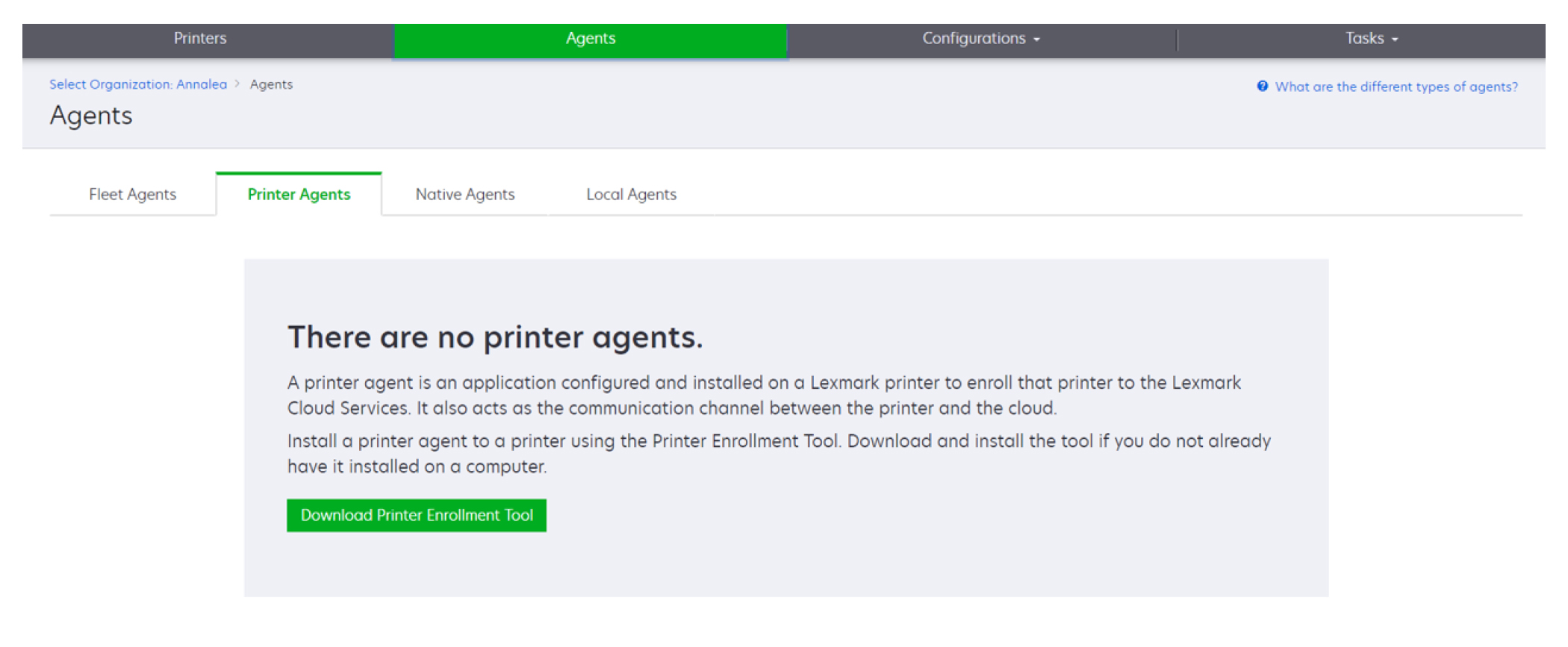 A screenshot showing how to download the Printer Enrollment Tool when the printer listing page is empty