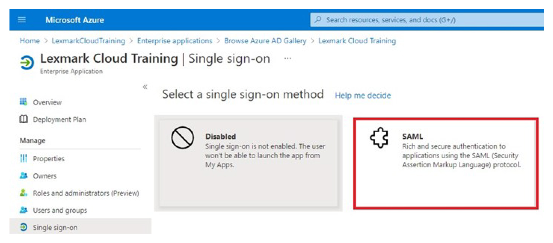 A screnshot showing SAML as the single sign-on method.