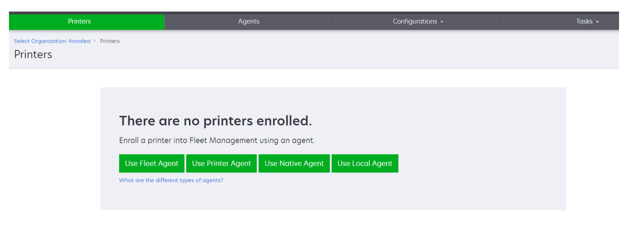 A screenshot showing how to create a fleet agent when the printer listing page is empty