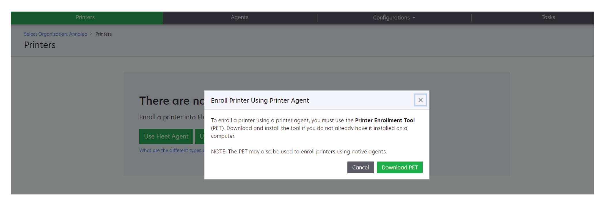 A screenshot showing how to download the Printer Enrollment Tool when the printer listing page is empty