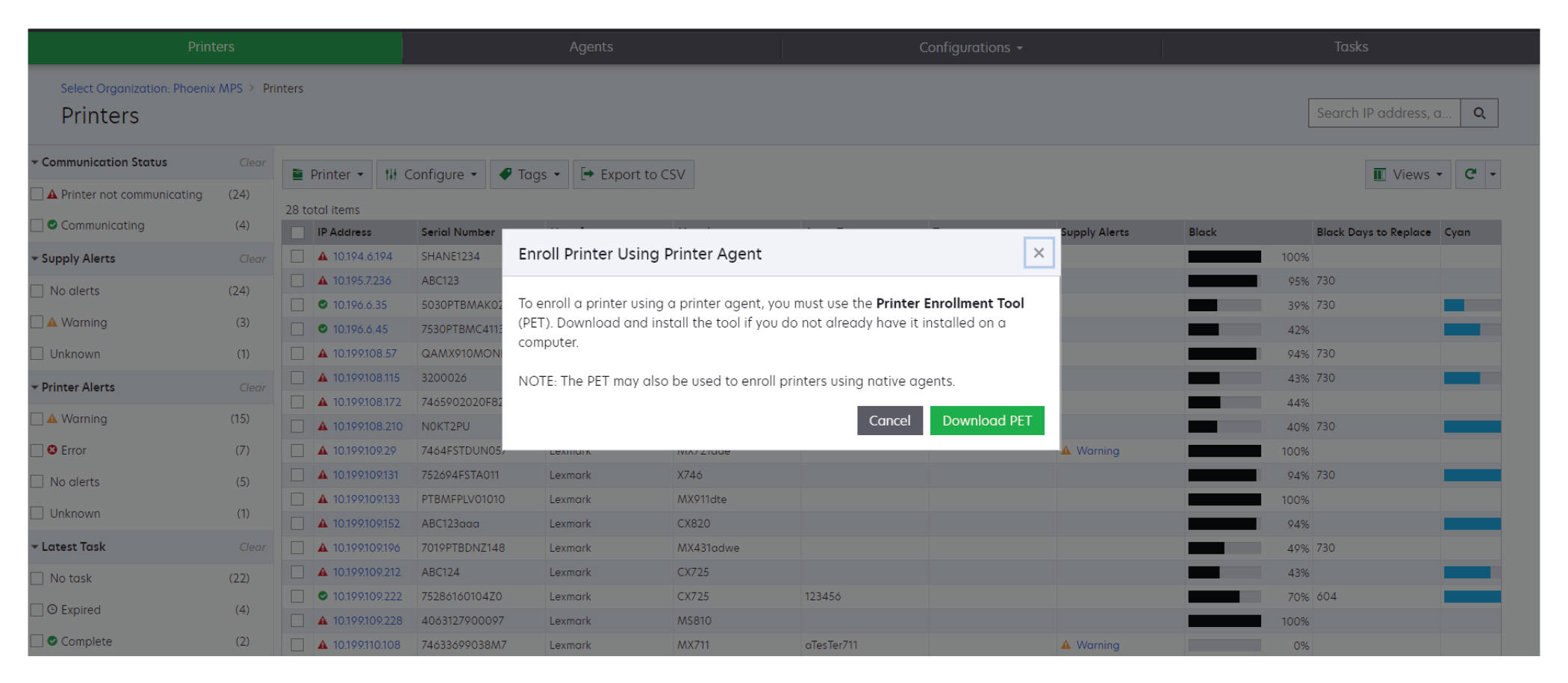 A screenshot showing how to download the Printer Enrollment Tool using the Agents tab of the Fleet Management web portal