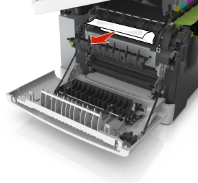 Hold down the fuser cover, and then remove the jammed paper.