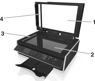 The illustration shows the scanner glass and its related parts with callouts.