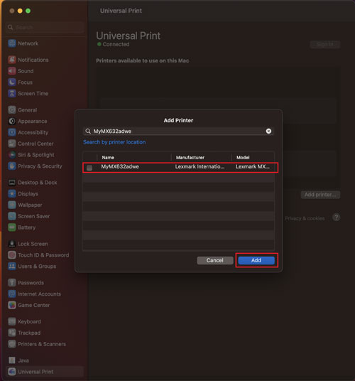 Setting up universal print on macos lexmark ms331