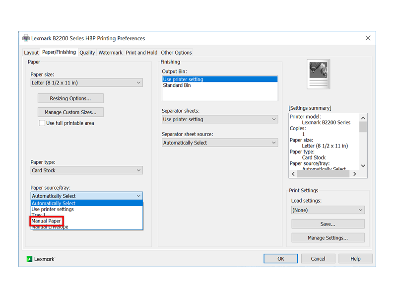 Unable To Print Cardstock When Using Default Printer Settings Lexmark 