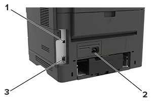 La ilustración muestra los puertos posteriores de la base de la impresora.