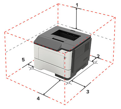 La ilustración muestra las zonas de despeje de la impresora.