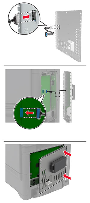 Kabelis prijungiamas prie ISP jungties valdiklių plokštėje, o apsauginis gaubtas uždaromas. 