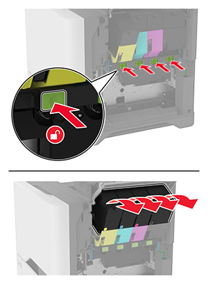 Norint išimti dažų kasetę, paspaudžiamas žalias mygtukas po kasete.