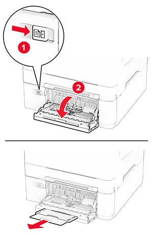 Button at the lower-left side of the printer is pushed to open the multipurpose feeder, and the paper support is extended.