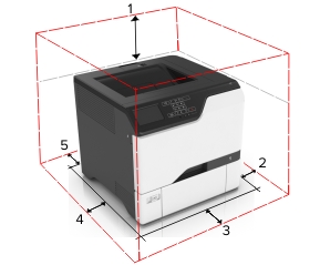 The illustration shows the printer clearances.