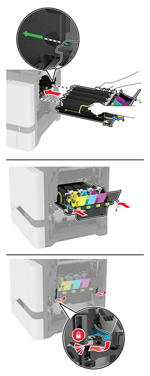 The imaging kit is aligned, and then inserted into the printer.