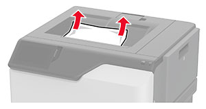 A jammed paper is pulled out of the standard bin.