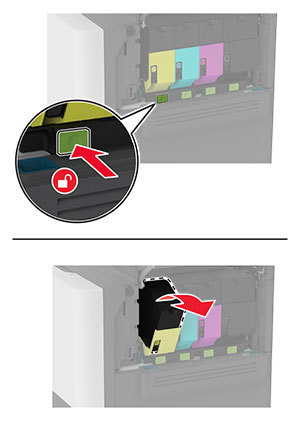 A green button below the cartridge is pressed to remove the used toner cartridge.