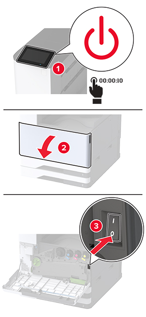לחצן ההפעלה (Power) בצידו של לוח הבקרה נלחץ, והדלת הקדמית נפתחת כדי לכבות את לחצן ההפעלה הראשי.