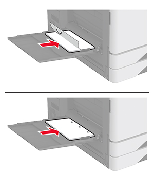 Показан е правилният начин на зареждане на бланка с предварително перфорирани отвори.