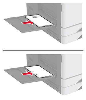 Correct way of loading letterhead with pre-punched holes is shown.