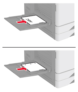 يتم إظهار الطريقة الصحيحة لتحميل الورق ذي الرأسية مع الثقوب المثقوبة سابقًا.