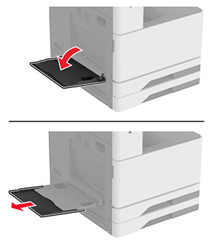 Pritisnite vratašca višenamjenskog uređaja za uvlačenje papira prema dolje i proširite podršku za papir.