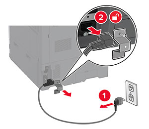 כבל החשמל מנותק משקע החשמל והתושבת מוסרת מהקצה השני כדי להסיר את הכבל מהמדפסת.