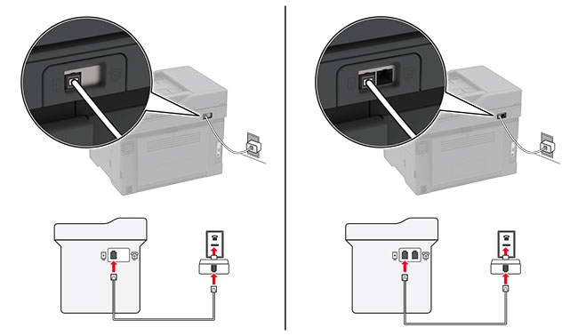  印表機使用 RJ11 配接卡插頭連接到非 RJ-11 傳真線路