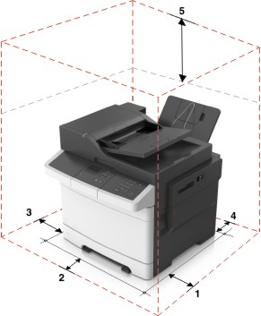The illustration shows the printer clearances.