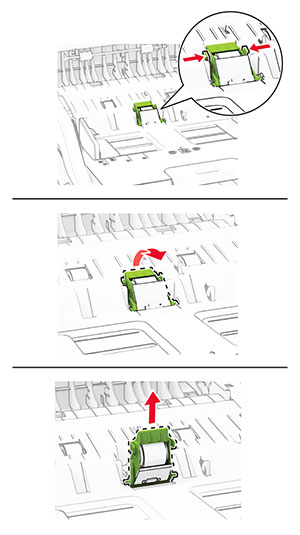 Beide zijden van de groene vergrendelingen worden dichtgeknepen om de ADF-scheidingsroller te ontgrendelen en te verwijderen.