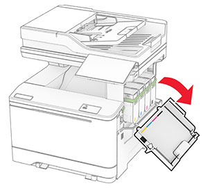 Klep B aan de rechterkant van de printer wordt naar beneden getrokken.