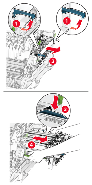 De blauwe klemmen worden omhoog getrokken en de gebruikte beeldverwerkingskit wordt vervolgens uit de printer getrokken.