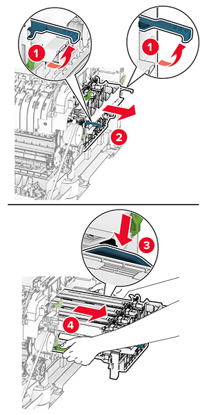 De blauwe klemmen worden omhoog getrokken en de beeldverwerkingskit wordt vervolgens uit de printer getrokken.