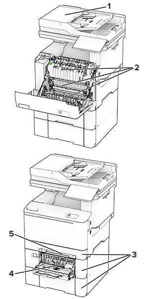 Papierstaubereiche im Drucker mit nummerierten Beschriftungen.