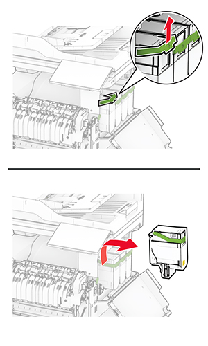 De groene klemmen worden omhoog getrokken om de tonercartridges te verwijderen.