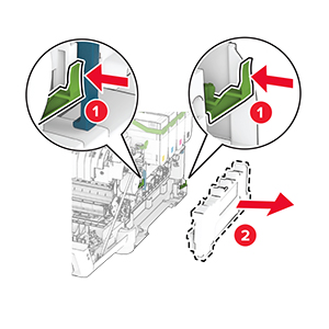 De groene klemmen worden ingedrukt en de gebruikte toneroverloopfles wordt vervolgens uit de printer getrokken.