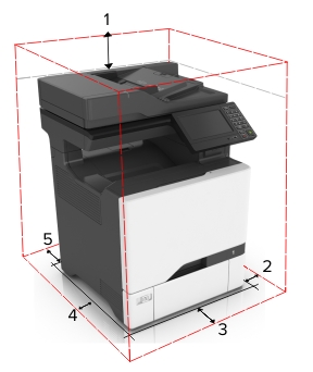 The illustration shows the printer clearances.