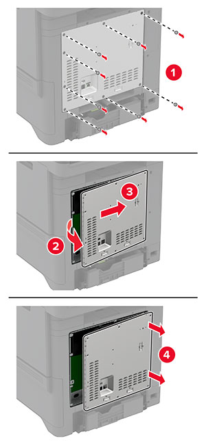Os parafusos na parte traseira da impressora são removidos e a blindagem da placa do controlador é puxada.