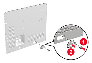 Um parafuso é removido para remover a tampa do fax da blindagem da placa do controlador.