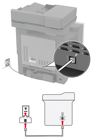  impressora conectada a uma linha de fax não RJ11 usando um plugue adaptador RJ11