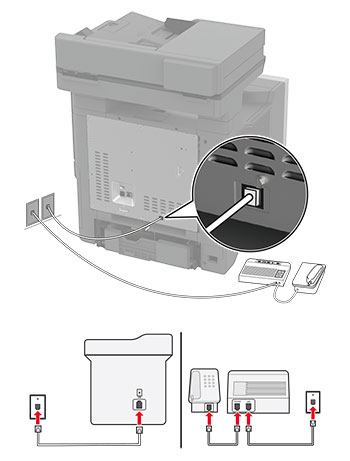 A impressora está conectada a uma secretária eletrônica e elas estão usando tomadas diferentes.