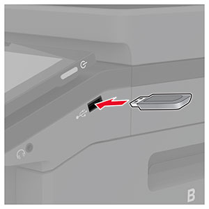Uma unidade flash está inserida na porta USB frontal da impressora.
