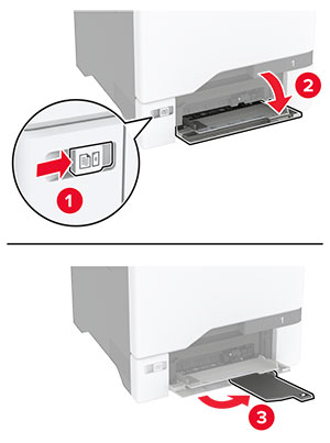O botão no lado inferior esquerdo da impressora é pressionado para abrir o alimentador multifuncional e o suporte de papel é estendido.