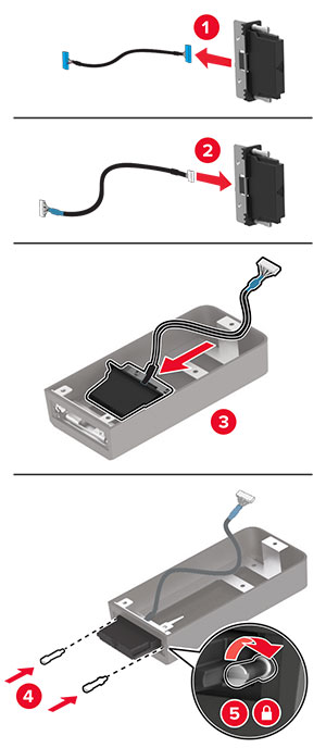 O cabo do módulo sem fio está desconectado, o suporte está inserido e o módulo sem fio está pressionado.
