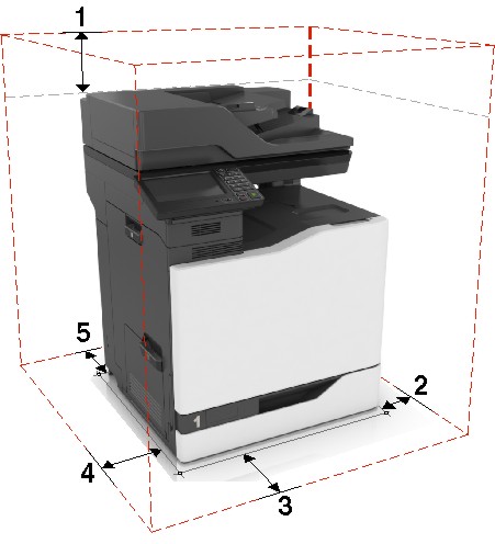 The illustration shows the printer clearances.