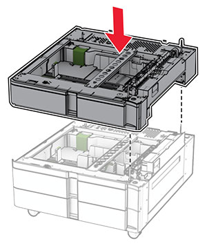 The 550-sheet tray is aligned and lowered into the 2 x 550-sheet tray.