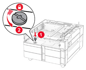 The screws are aligned to the tray base, and then turned clockwise.